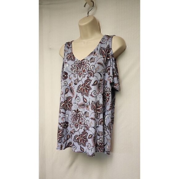 Love Fire Womens Cold Shoulder Top Size L Multicolor Floral V-Neck Short Sleeve - Picture 5 of 7